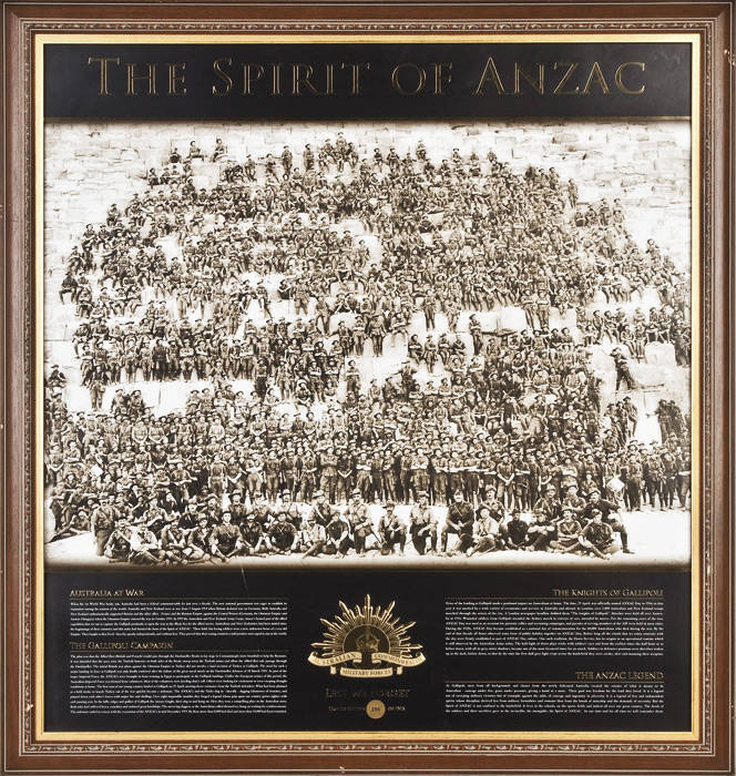 "The Spirit of the Anzacs", iconic framed limited edition 259/1915 print of the 11th Australian Infantry Battalion (AIF) on the Great Pyramid of Cheops; "V.C. Winners born in the Geelong District" (Albert Jacka and James Ernest Newland) framed presentatio