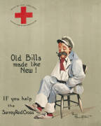 1916 Red Cross poster, "Old Bills made like New! IF you help the Surrey Red Cross", artwork by Bruce Bairnsfather, printed by The Dangerfield Printing Co, London, size 43x56cm. Minor peripheral faults, though lovely appearance.