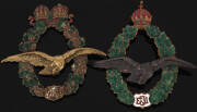 BADGES: Austro-Hungarian WW1 period. Noted Colourful & attractive enamel Empiral Air service field Pilot (2); Air Service Observers enamel badge; Trench Mortar Unit; Distance judging for infantry (2); Artillery; Machine gunner; Ex Servicemens. Good condit