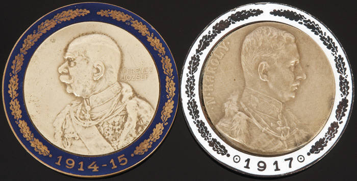 COMMEMORATIVE MEDALLIONS: Franz Joseph (Dressed in Hungarian Generals uniform) side profile with blue enamel border decorated with oak wreath date 1914-15, obverse with Hungarian inscription; Emperor Karl (Last Habsburg Emperor) profile portrait with whit