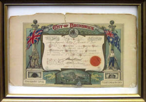 WW1 CERTIFICATES: set of framed Australian military service certificates (50cmx30cm) that read, "Served the Empire and Australia in The Great War for the sacred cause of freedom liberty and justice and thereby has the grateful recognition and appreciation