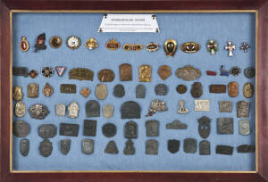 WW1 Austro-Hungarian "UNOFFICIAL" hat badges. Impressive collection in wall mounted cabinet display. Hat badges of this type are scarce and usually adorned soldiers felt caps. Enamel badges were often worn by Officers but some were sold to the public to r
