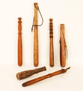 BATONS: Assorted wooden batons (6); Early 20th century with remains of paint; Tribal Islander palm wood; Aboriginal mulga wood; Jarrah; and blackwood (2). 22cm to 49cm. VG condition.