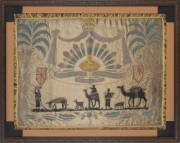 WW2 "Souvenir of Palestine 1941 Australian Commonwealth Military Forces", embroided gold coloured silk with "Rising sun" motif, flags, palm trees and a desert caravan train with camels, goat and donkeys. 88 x 68cm and in excellent condition.