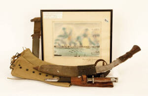 KHUKHURI Gurkha knife in scabbard (WW2 military issue); Indian sword with wooden scabbard (damaged); English WW2 bayonet; Gaiters (2 x pairs); framed watercolour "Naval and air bombardment Labuan 10/6/45" by G.E.Moray. G/VG condition.