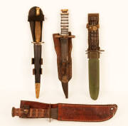 MILITARY KNIVES: U.S. Marine Corp fighting knife (late 20th century); U.S. M4 bayonet WW2 issue; Commando Knife by FAIRBAIRN-SYKES; Unusual seal end dagger "YALE" with leather frog and naval emblem. G/VG condition.