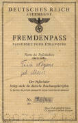 NAZI WW2 period passport c1944 (Estonian). "Deutsches Reich Fremdenpass" & Rising Eagle with Swastika on the inside cover. Gray cloth cover, hinge damaged. Fair condition