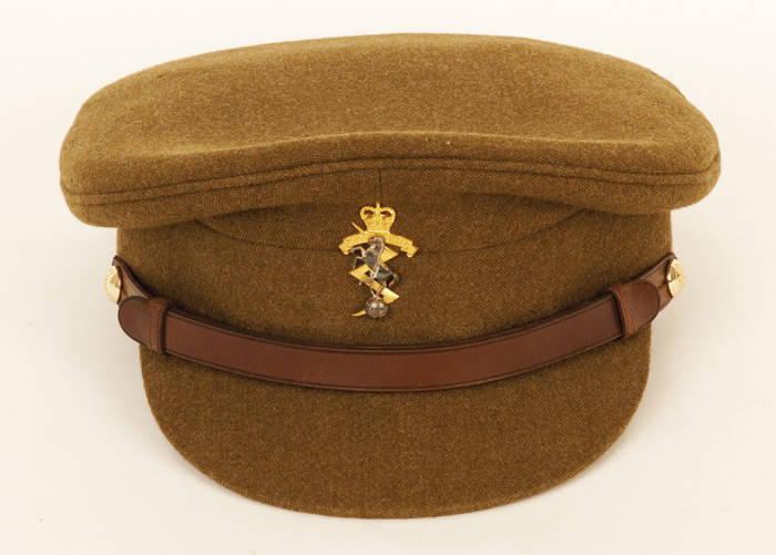 Australian Army Officers caps: "Australian Corps of Signals" (2) with cap badges, noted: one by Herbert Johnson of London for Henry Buck with Royal Warrant. Mid 20th century and in VG condition.