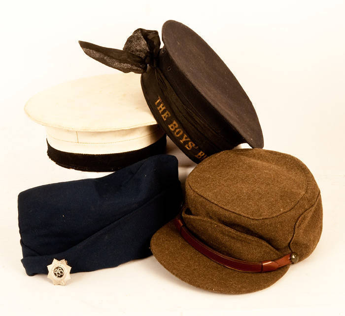 Military Hats: An assortment of Naval and soft caps, noted: H.M.A.S ALBATROSS, BOYS' BRIGADE, RAAF, Canadian peaked woolen cap, and collection of hat bands, c.1940-1960, G/VG condition.