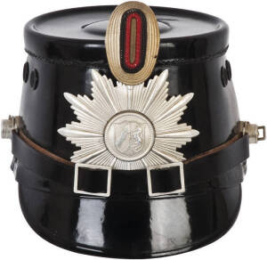 SHAKO Berlin Police leather hat, pre-WW2 (Ex Nazi) refurbished for use in 1945 & reissued to the occupying "Civil Mixed Watchmen Service" (Police), with accompanying official certificate in German & English; East German Border Guard helmet, Cold War perio