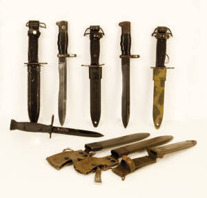 VIETNAM WAR ERA BAYONETS: collection of c1960 U.S. military M7 Imperial manufactured & Colt's brand bayonets (4), each with sheath and frog. The M7 was introduced in 1964 entering service along with the M16; Spanish c1950s CETME rifle knives (2). G/VG con