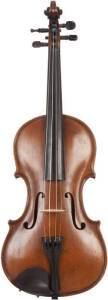 VIOLIN: Antique German mid 19th century. Luthiers note reads "Repaired by William Thompson 3 Newgate St Auckland 1879". A fine instument with beautifully carved scroll & Stradivarius monogram on the back. Housed in a modern fitted case. Excellent conditio