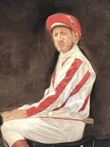 HARRY WHITE, painting of jockey Harry White by Bryan Westwood (1930-2000), size 190x190cm.