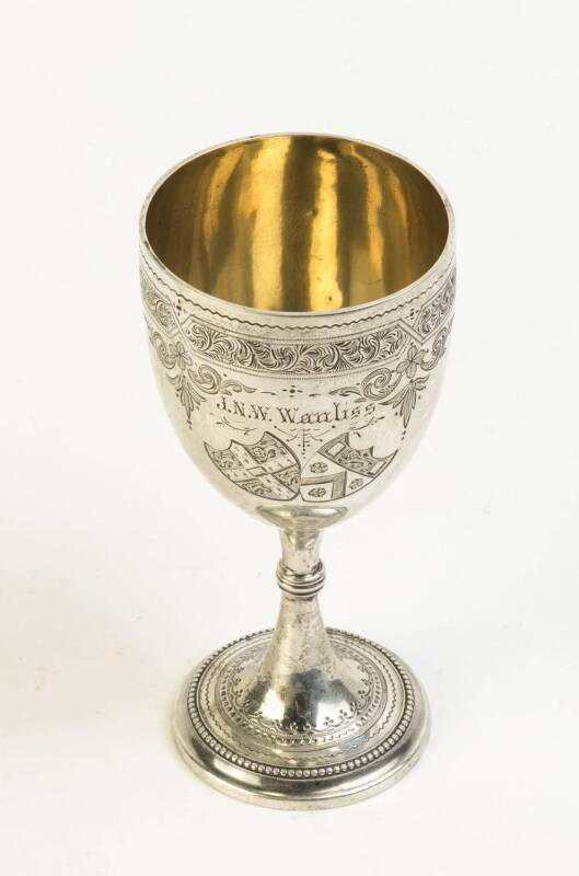 1881 ROWING TROPHY, sterling silver, engraved "Australian Scratch Fours, Rowed at Cambridge, 1881" & "J.N.W.Wanliss", hallmarked London 1880, 13cm tall.