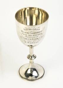c1904 WALKING TROPHY, sterling silver, engraved "Australasian Walking Championship, Prize For Best Style, Presented by J.E.Fowler-Dixon (L.A.C.), won by W.Murray", hallmarked London 1904, 18cm tall.