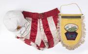 BALANCE OF COLLECTION, noted cloth badges/blazer pockets including "British Empire v USA" 1930 & 1932; pair of Harlem Globetrotters shorts; photo signed Arnold Palmer; NZ swimming trunks; pennant "Butlin's International Channel Swim, Folkestone, 1956"; ra