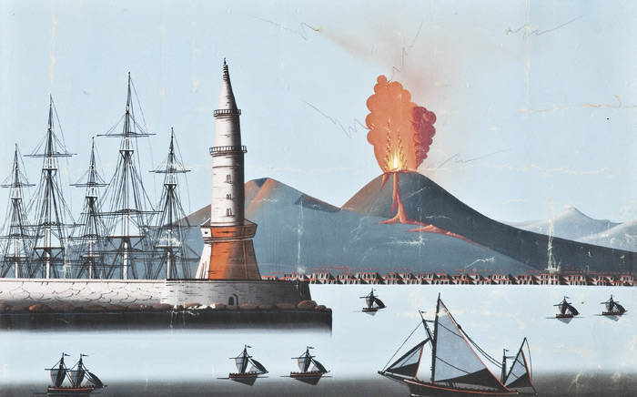 Set of (4) antique gouache paintings on paper showing the eruption of Mount Versuvius (Italy) with tallships & boats in the harbour. Folk art style, restored & reframed in the late 20th century. 55 x 35cm each.