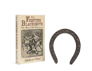 BOB FITZSIMMONS, hand-made horse-shoe, stamped at top "Bob Fitzsimmons", and impressed with 15 stars; together with book "The Fighting Blacksmith - The Story of Bob Fitzsimmons" by Odd [London, 1976]. {Bob Fitzsimmons (1863-1917, born in Helston, Cornwall