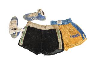 BOXING COLLECTION, ex Jack Ryder, noted range signed T-shirts including Randy Stevens (2), Eddie Cotton, Monty Bethan, George Benton; 1975 Bunny Johnson signed boxing boots & T-shirt (plus Young Sekona signed photo); 3 pairs signed boxing shorts; mini-glo