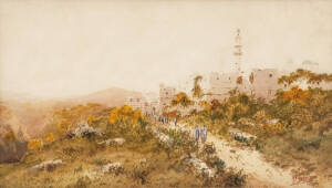 JAN DE LEENER (Australian, active 1890s-1920s): "Jerusalem - The Tower of David from the Bethlehem Road", watercolour signed "J. De Leener" lower right, 26x46cm.