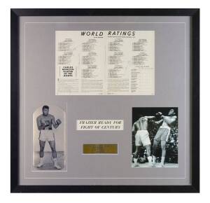 ALI v FRAZIER 1 - "THE FIGHT OF THE CENTURY": Display comprising pages from 'The Ring' January 1971, signed by Muhammad Ali, Joe Frazier & Don King, window mounted, framed & glazed, overall 77x75cm.