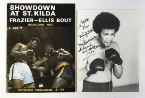 1975 Frazier v Ellis fight in Melbourne, programme signed to centre pages by Joe Frazier, Jimmy Ellis, George Benton & Stan Ward; plus a signed & endorsed photograph of Jimmy Ellis.