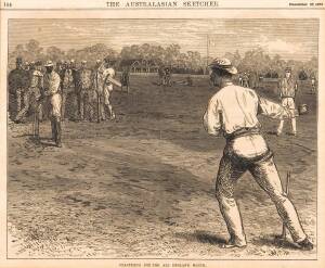 CRICKET ENGRAVINGS, 1873-86, "The All England Eleven v Eighteen of Victoria"; "Practising for the All England Match"; & "International Cricket Match on the Ground of the Germantown Club". All framed, various sizes. (3 items).