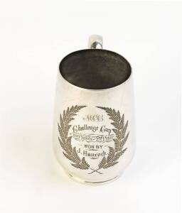 MELBOURNE CRICKET CLUB: c1890 silver-plated Beer mug, engraved "MCC/ Challenge Cup/ 100 Yards - 2nd Prize, Won By, J.Hancock", made by Henry Wilkinson & Co, London.