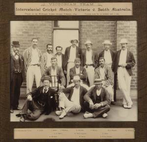 1894-95 VICTORIAN TEAM, original photograph, with title "Victorian Team, Intercolonial Cricket Match - Victoria v South Australia, Played on the Melbourne Cricket Ground, February, 1895. Won by 10 Wickets and 1 run", framed & glazed, overall 48x41cm. Good