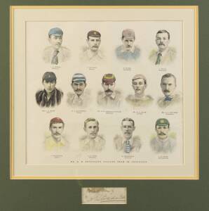 1897-98 ENGLAND TOUR TO AUSTRALIA, hand-coloured engraving "Mr A.E. Stoddart's Cricket Team in Australia", window mounted with signature of captain A.E.Stoddart, framed & glazed, overall 52x49cm.