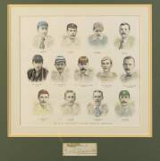 1897-98 ENGLAND TOUR TO AUSTRALIA, hand-coloured engraving "Mr A.E. Stoddart's Cricket Team in Australia", window mounted with signature of captain A.E.Stoddart, framed & glazed, overall 52x49cm.