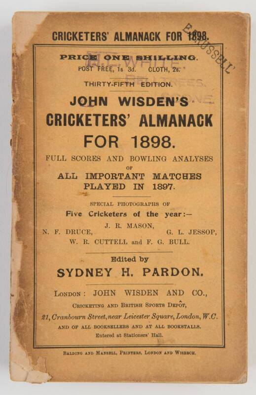 "Wisden Cricketers' Almanack for 1898", original paper wrappers. Fair condition (spine broken so pages loose).