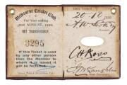 MELBOURNE CRICKET CLUB: 1899-1900 Member's Season Ticket, brown leather cover with gilt MCC logo & "Season 1899=1900" on front. No.3295 A.W.Scott Esq. Fair/Good condition. - 2