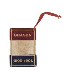 MELBOURNE CRICKET CLUB: 1900-1901 Member's Season Ticket, red, white & blue leather cover with gilt MCC logo & "Season 1900-1901" on front. No.943 A.W.Scott Esq. Fair/Good condition.