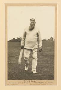 W.G.GRACE, lovely original photograph, endorsed on mount "Dr W.G.Grace, coming in from batting on his 64th birthday, 18th july 1912. Photo by W.J.Lorimer. Eltham Cricket ground, London", framed & glazed, overall 28x38cm.