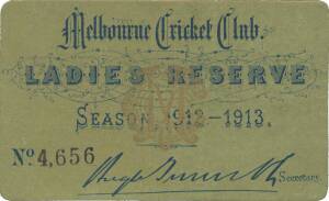 MELBOURNE CRICKET CLUB, 1912-13 Ladies Reserve Season Ticket, No.4656. Superb condition.