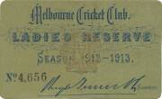 MELBOURNE CRICKET CLUB, 1912-13 Ladies Reserve Season Ticket, No.4656. Superb condition.