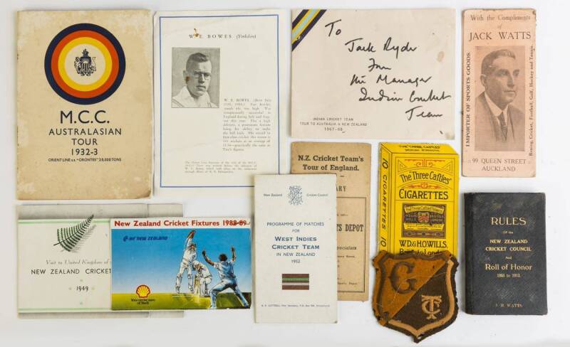 CRICKET EPHEMERA, noted "Rules of the New Zealand Cricket Council and Roll of Honour 1895 to 1913" with name "J.H.Watts" stamped on front cover; Itineraries for 1927 NZ tour to England (2 - one published by Three Castles Cigarettes, other published by Jac