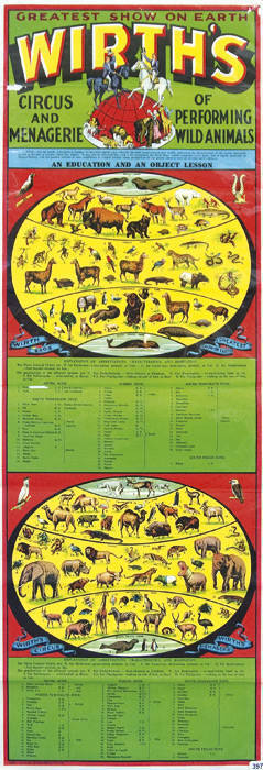 CIRCUS POSTER: c1920s circus poster "Greatest Show on Earth, WIRTH'S, Circus and Menagerie of Performing Wild Animals", printed by Robert Harding Pty Ltd, colour lithograph, has been folded, some losses, size 102x37cm.