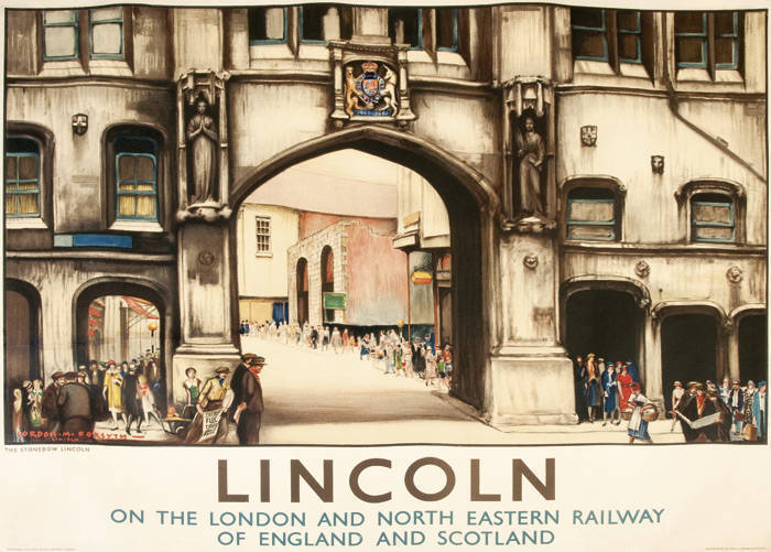 1930 British Rail travel poster "LINCOLN, On the London and North Easter Railway of England and Scotland", artwork by Gordon Mitchell Forsyth (1879-1952), printed by Waterlow & Sons Ltd, London, colour lithograph, backed on linen, 125x100cm. Condition A.