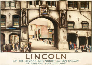 1930 British Rail travel poster "LINCOLN, On the London and North Easter Railway of England and Scotland", artwork by Gordon Mitchell Forsyth (1879-1952), printed by Waterlow & Sons Ltd, London, colour lithograph, backed on linen, 125x100cm. Condition A. 