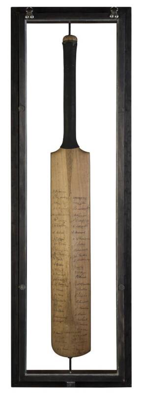 1938 AUSTRALIAN TOUR TO ENGLAND: Full size "B.Warsop" Cricket Bat, signed on front by Australian team with 15 signatures including Don Bradman, Stan McCabe, Bill Brown & Lindsay Hassett; and signed on reverse by 58 English cricketers including Sir Pelham