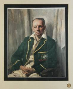 DON BRADMAN, signature on print of "Don Bradman" painting by Ivor Hele (c1946), window mounted, framed and glazed, overall 82x93cm.