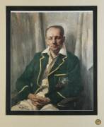 DON BRADMAN, signature on print of "Don Bradman" painting by Ivor Hele (c1946), window mounted, framed and glazed, overall 82x93cm.