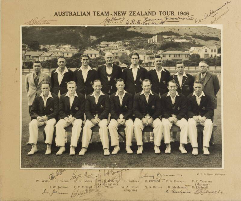 1946 AUSTRALIAN TEAM, team photograph "Australian team - New Zealand Tour 1946", with 15 signatures on mount including Bill Brown (captain), Lindsay Hassett, Keith Miller, Don Tallon, Ray Lindwall & Sid Barnes; size 30x25cm. 