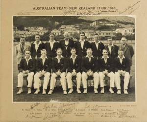 1946 AUSTRALIAN TEAM, team photograph "Australian team - New Zealand Tour 1946", with 15 signatures on mount including Bill Brown (captain), Lindsay Hassett, Keith Miller, Don Tallon, Ray Lindwall & Sid Barnes; size 30x25cm. 