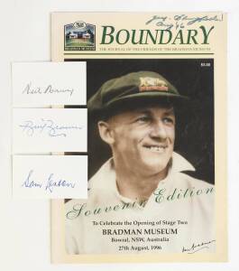 1948 INVINCIBLES: Signed autograph cards (3) for Sam Loxton, Bill Brown & Neil harvey; plus Boundary magazine for Bradman Museum stage two signed by Greg Matthews.