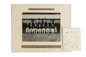 1949 NEW ZEALAND TOUR TO ENGLAND, team photograph "4th New Zealand Cricket Team to Great Britain, 1949", window mounted, 38x31cm; plus autograph page with 15 signatures including Walter Hadlee, Bert Sutcliffe & Merv Wallace.