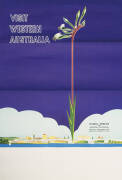 c1960s travel posters, "VISIT WESTERN AUSTRALIA. Floral Emblem of WESTERN AUSTRALIA..." showing a Kangaroo Paw flower in front of the Perth skyline; "Western Australia. THE WILD FLOWER STATE. CHRISTMAS TREE (Nuytsia Floribunda)"; "BRITAIN". depicting chil