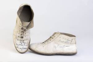 LANCE GIBBS, pair of "John Frith - Gary Sobers" Cricket Boots, both signed "To Jack Ryder, Best Wishes, Lance Gibbs", worn when he got his 200th Test wicket at Eden Park in 1969. [Lance Gibbs played 79 Tests for West Indies 1958-76].